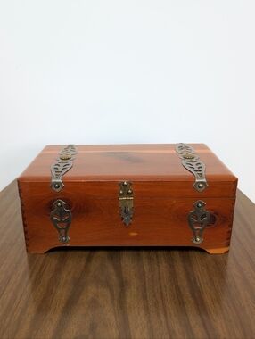 Vintage Cedar Wooden Card Or Jewelry Box With Metal Embellishments & Handles